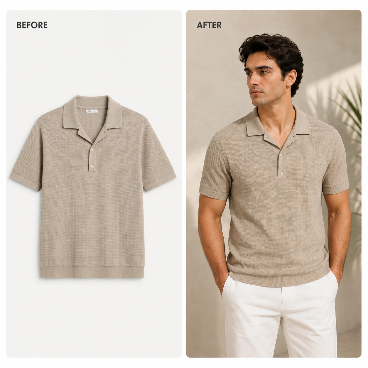 Virtual try-on of a male model wearing a cream-colored t-shirt generated by AfterTaken AI